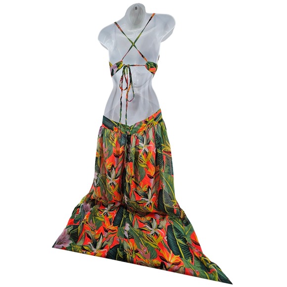 Boho Tropical Sheer Maxi Halter Dress Cutout Large Vacation Cruise Beach - Picture 3 of 9